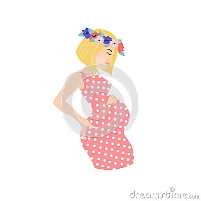 Pregnant european blonde woman wearing floral wreath and pink polka-dot dress. Vector Illustration