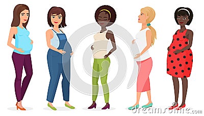 Pregnant fashion set. Happy woman mom expecting baby in dresses. Pregnancy cartoon vector illustration. Vector Illustration
