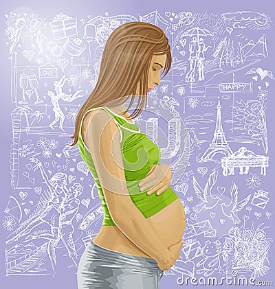 Pregnant Female With Belly Against Love Background Vector Illustration