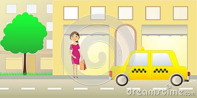 Pregnant girl near showcase Vector Illustration