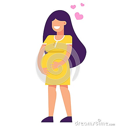 Pregnant girl is smiling. holds hands by the abdomen. Cartoon Illustration