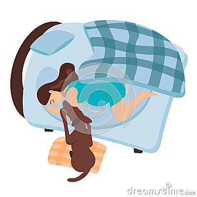 A pregnant girl wakes up. The dog wakes up a pregnant woman. The girl with her pet is sleeping in bed. Turquoise morning Vector Illustration