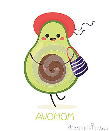 Pregnant and happy avocado mom in summer clothes. Vector illustration. Vector Illustration