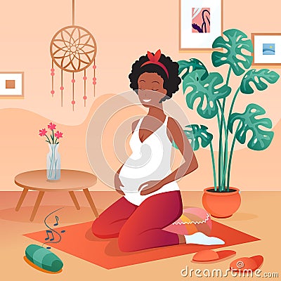 Pregnant happy woman practicing yoga, calm meditating at home, sitting on yoga mat Vector Illustration