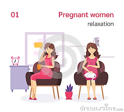 Pregnant lady is sitting in armchair with cat Vector Illustration