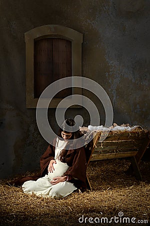 Pregnant Mary and the Manger Stock Photo