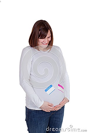 Pregnant Mother Blue and Pink Name Tags Stock Photo