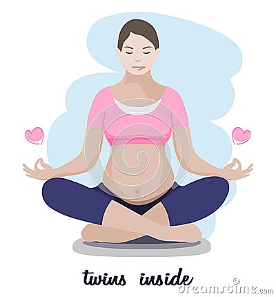 Pregnant mother relax in yoga lotus pose in multiple pregnancy over blue background Vector Illustration