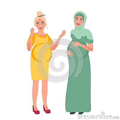 A pregnant Muslim woman in traditional national dress and a pregnant girl of European appearance. Motherhood, childbirth. Vector i Vector Illustration