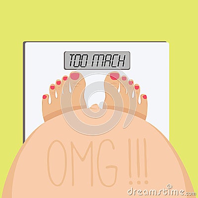 Pregnant sees herself standing on the scales. Vector Illustration