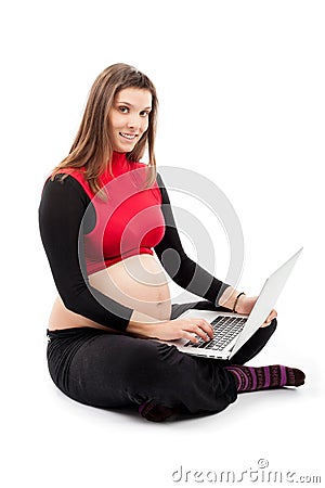 Pregnant Smilling Woman with laptop Stock Photo