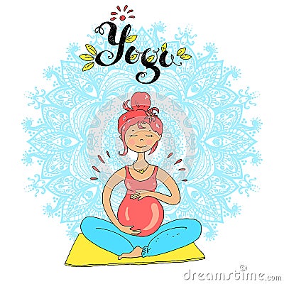 Pregnant tanned woman in lotus position against mandala background. Cute cartoon style. Color illustration. Ohm. Vector Vector Illustration