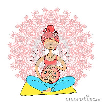 Pregnant tanned woman in lotus position against mandala background. Cute cartoon style. Color illustration. Ohm. Vector Vector Illustration