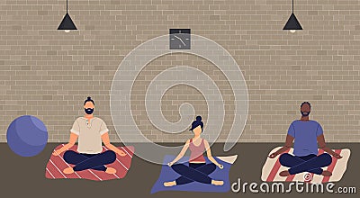 Pregnant woman, afro man and man sitting with legs crossed on floor and meditating. People in yoga posture doing meditation, Vector Illustration