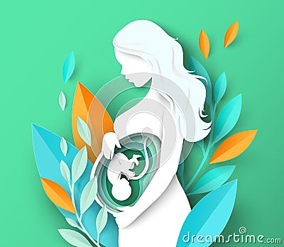 Pregnant woman with baby fetus paper cut vector Vector Illustration