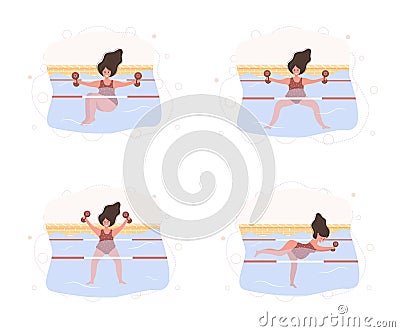 Pregnant woman in bikini in pool. Collection exercises of aqua fitness and aerobic with weights. Healthy lifestyle Vector Illustration