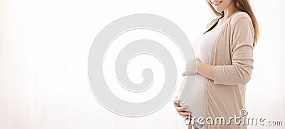 Pregnant woman caressing her belly, white panorama background Stock Photo