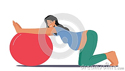 Pregnant Woman Character Doing Exercises with Fitball, Fitness during Pregnancy Concept. Expecting Mother with Big Tummy Vector Illustration