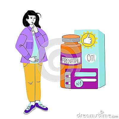 Pregnant woman choose vitamins and minerals. Vector Illustration