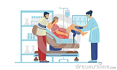 Pregnant woman in clinic giving birth to baby flat vector illustration isolated. Vector Illustration