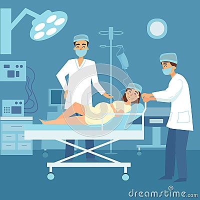 Pregnant woman in hospital with doctors Vector Illustration