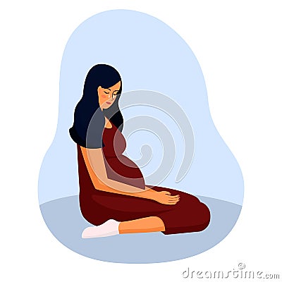 a pregnant woman is crying sitting on the floor. Depression during pregnancy. Hormones during pregnancy. Vector Vector Illustration