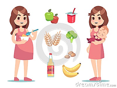 Pregnant woman diet. Vector pregnancy and maternity concept. Health diet for pregnant and lactating mothers Vector Illustration