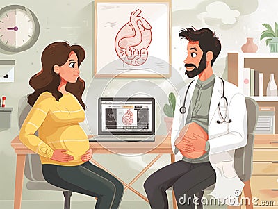 Pregnant woman and doctor at hospital. illustration in cartoon style. Cartoon Illustration