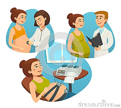 Pregnant woman with doctor, prenatal monitoring of pregnancy, vector cartoon illustrations Vector Illustration