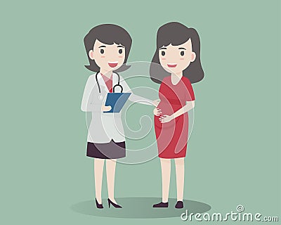 Pregnant woman with a doctor`s appointment. Pregnant woman visiting a doctor, Expectant mother with physician. Female doctor in Vector Illustration