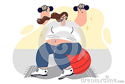 Pregnant woman is doing fitness sitting on large yoga ball and lifting dumbbells above head Vector Illustration