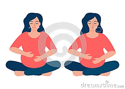 Pregnant woman is doing respiratory breathing exercise, deep exhale and inhale. Breathing exercise. Healthy yoga and Vector Illustration