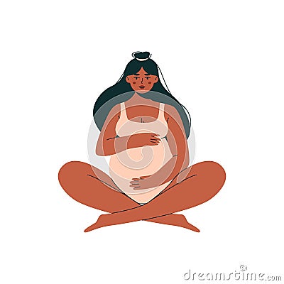 Pregnant woman doing yoga. Happy mom with baby in belly, cartoon female character doing prenatal exercise maternity Vector Illustration