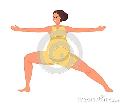Pregnant woman doing yoga. Woman makes Virabhadrasana II pose, warrior pose during pregnancy. Women healthy lifestyle Vector Illustration