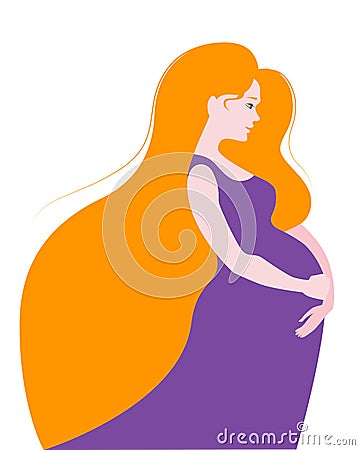 A pregnant woman of European appearance with long hair in profile. Vector Illustration