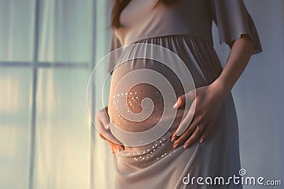 Pregnant woman feeling happy at home while taking care of her child. The young expecting mother holding baby in pregnant belly. Stock Photo