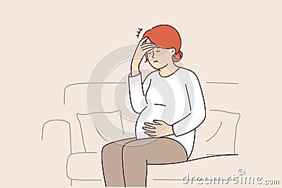 Pregnant woman feeling headache and migraine sitting on couch and waiting for doctor Vector Illustration