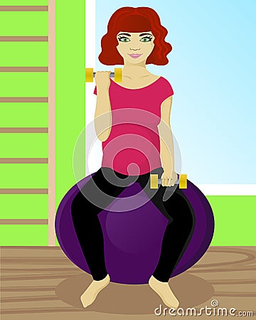 Pregnant woman on fitball in gym Vector Illustration