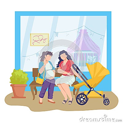 Pregnant woman friend dialogue with young mother, female sitting bench hold baby carriage cartoon vector illustration Cartoon Illustration
