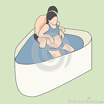 Pregnant Woman Having Natural Water Birth Vector Illustration