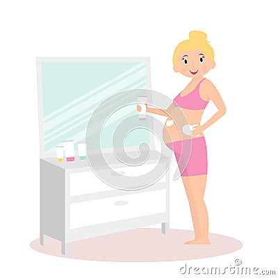 Pregnant woman health care. Cute pregnant woman near mirror with cream. Vector illustration Vector Illustration