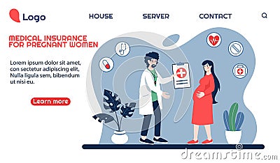 Pregnant woman. Health care. Medical service landing page design. Insurance for young baby nurse. Pregnancy support Vector Illustration