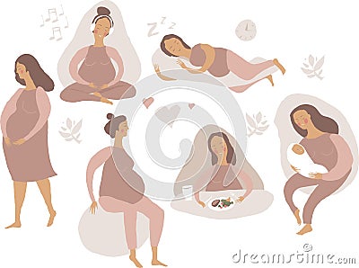 Pregnant Woman healthy Lifestyle Set Vector Illustration