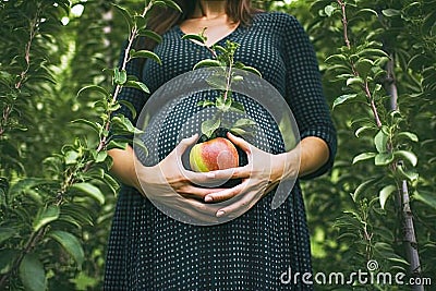 Pregnant woman holding an apple against the background of trees Stock Photo