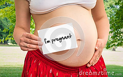 Pregnant woman holding paper with inscription: I`m pregnant Stock Photo