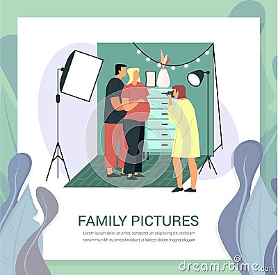 Pregnant woman and husband at photoshoot. Family Vector Illustration