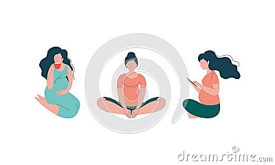 Pregnant Woman Lifestyle with Happy Expectant Mother During Pregnancy Sitting in Lotus Pose and Drinking Tea Vector Set Vector Illustration