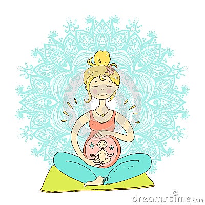 Pregnant woman in lotus position against mandala background. Cut Vector Illustration