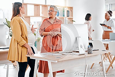 Pregnant woman, manager and talk in startup office for planning, coaching or strategy by computer. Corporate teamwork Stock Photo