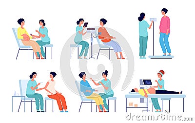 Pregnant woman medical check up. Pregnancy care clinic, belly ultrasound doctor. Isolated prenatal woman examination in Vector Illustration